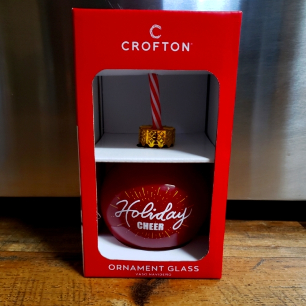 Crofton Red Holiday Cheer Glass Drinking Ornament with Straw
